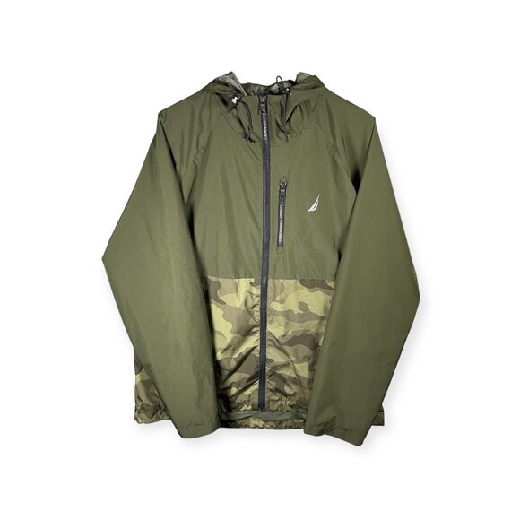 Nautica Windbreaker Jacket Men’s L Green Camouflage Rainbreaker Hooded Jacket - Picture 1 of 8
